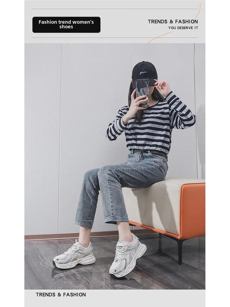 Женские универсальные спортивные кроссовки Dad сезона весна/осень 2024 года — корейский стиль, толстая подошва, увеличивающие рост, дышащие, для повседневного бега.