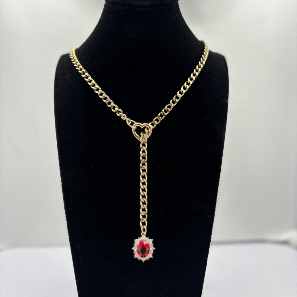 Wind Niche Design Retro Gold Necklace, Love Ruby Pendant Stacked with Cuban Chain Necklace