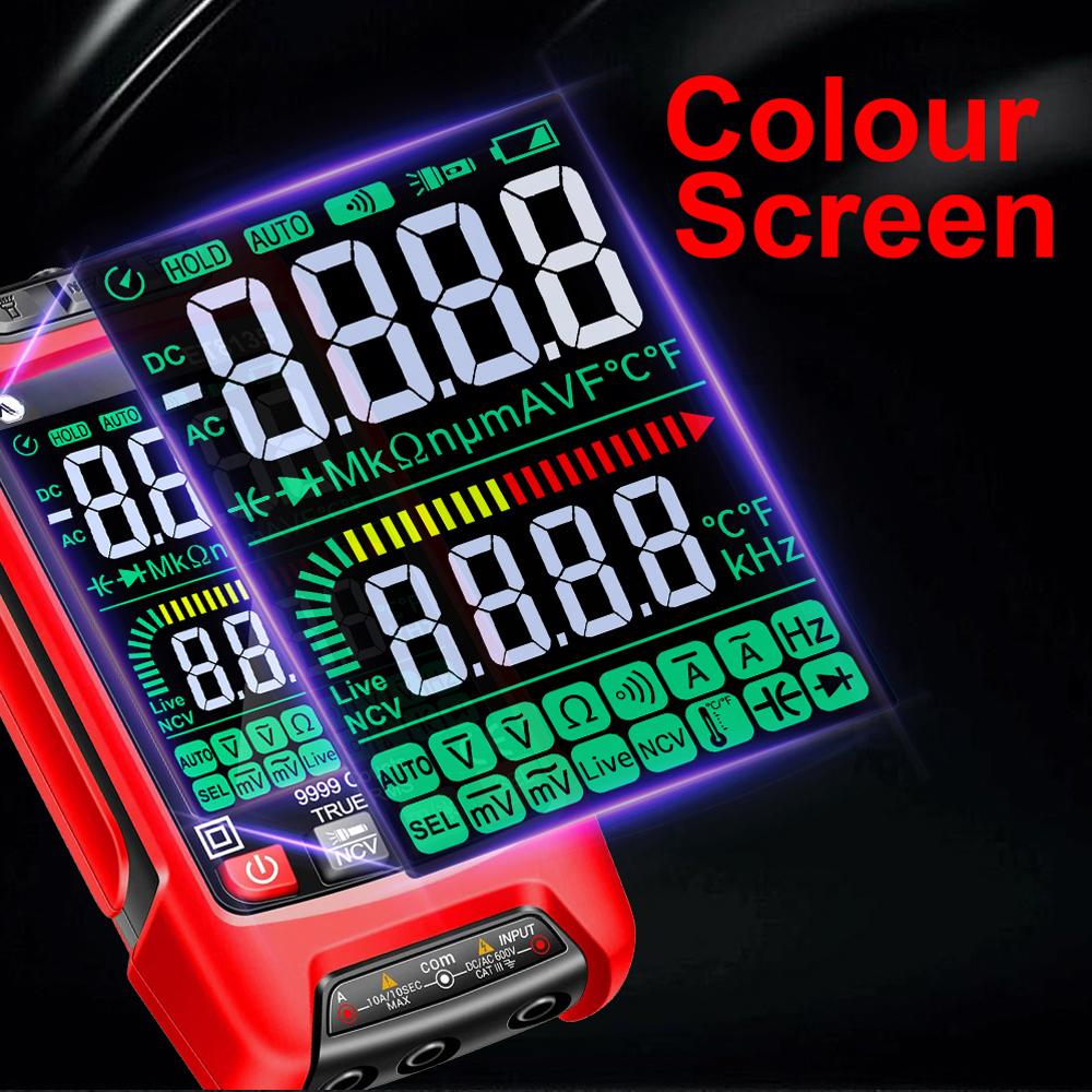 9999 Counts Digital Multimeter Color Display Handheld Multimeter NCV Noncontact Sensing Professional Voltage Current Capacitance Resistance Diode Mea