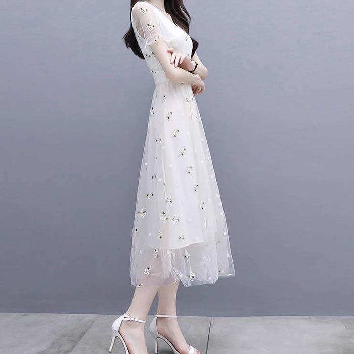 S-3XL женское летнее шифоновое сетчатое платье с v-образным вырезом, тонкое сексуальное длинное платье трапециевидной формы с короткими рукавами