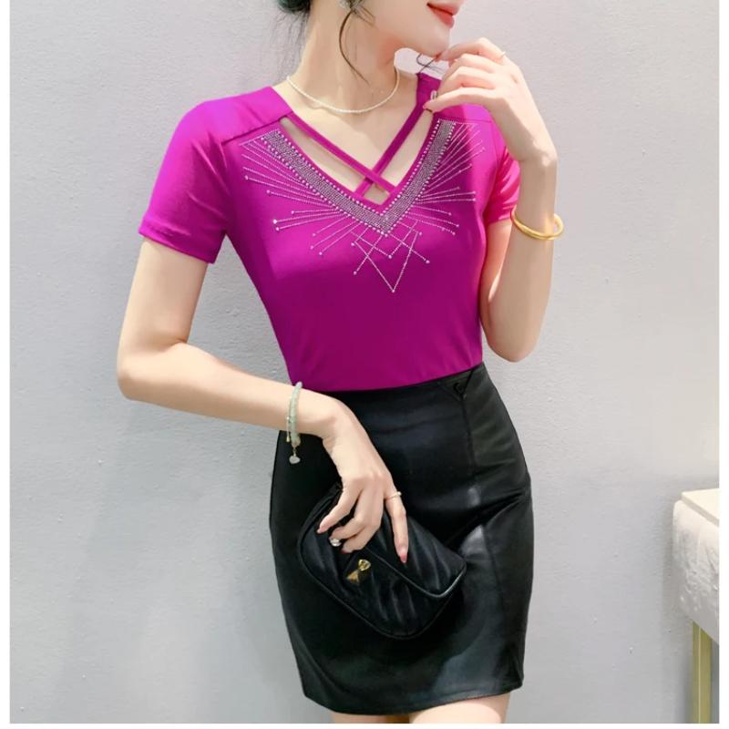New Summer Short Sleeved V-Neck Women's T-Shirt Fashion Sexy Hollow Out Hot Diamonds Tops High Strecth Mesh Slim Tees