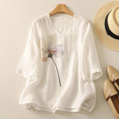 Хлопковая футболка женская летняя с V-образным вырезом свободная мягкая повседневная большого размера с коротким рукавом блузка топ