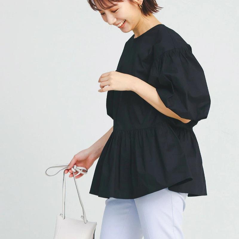 New Summer Round Neck Lantern Sleeve Pleated Shirt for Women Solid Color Cotton Niche Shirt for Women