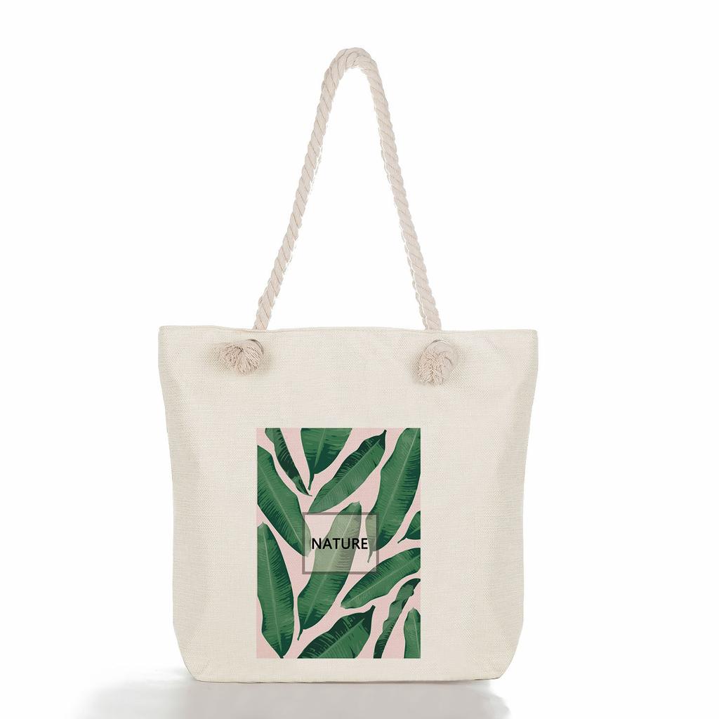 Marble green leaves print thick rope single-shoulder beach bag 7273 CLE