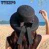 Black Bow Casual Foldable Summer Straw Hats Women's Wide Brim Solid Color Outdoor Beach Sunscreen Hats