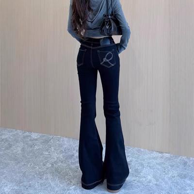 Черные джинсы с вышивкой на карманах для женщин на осень и зиму, новые облегающие брюки-клеш с высокой посадкой