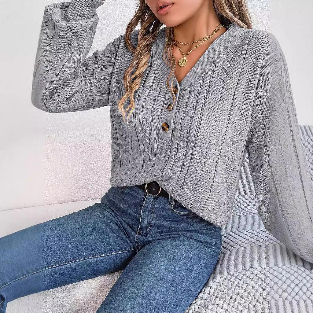 Женский вязаный джемпер, повседневный вязаный свитер с v-образным вырезом на пуговицах и длинными рукавами, легкий однотонный пуловер, свитера, топы