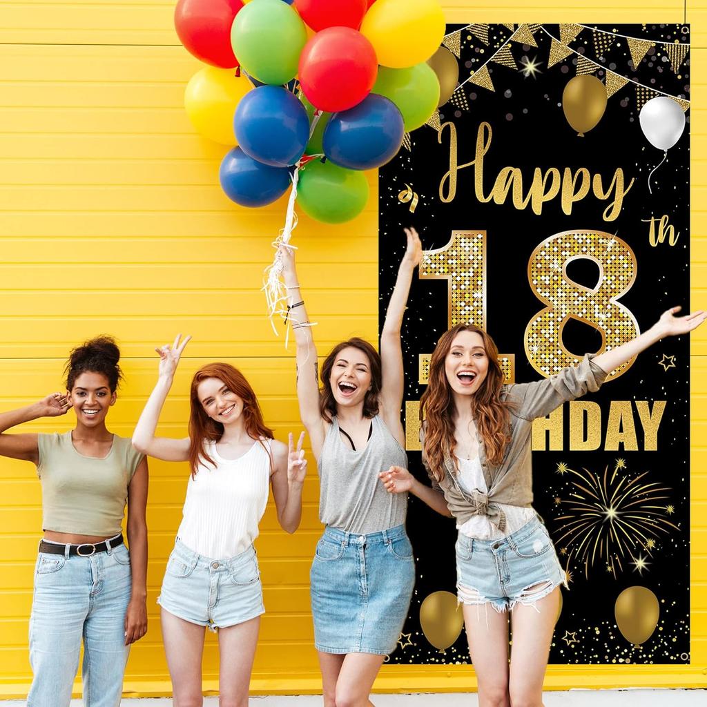 Баннер-растяжка на дверь на 18-летие, Декорации «С Днем Рождения 18 лет» для девочек и мальчиков, Черно-золотой, 18 лет, Фотобутафория для вечеринки, Садовый знак для