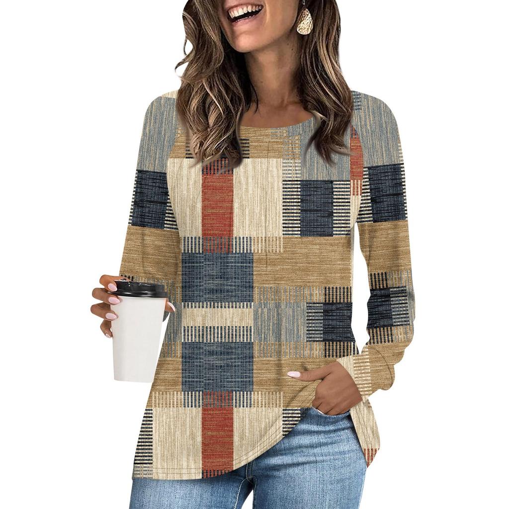 Женская футболка-туника, топы, повседневная блузка с длинным рукавом, свободная футболка, базовый топ с круглым вырезом