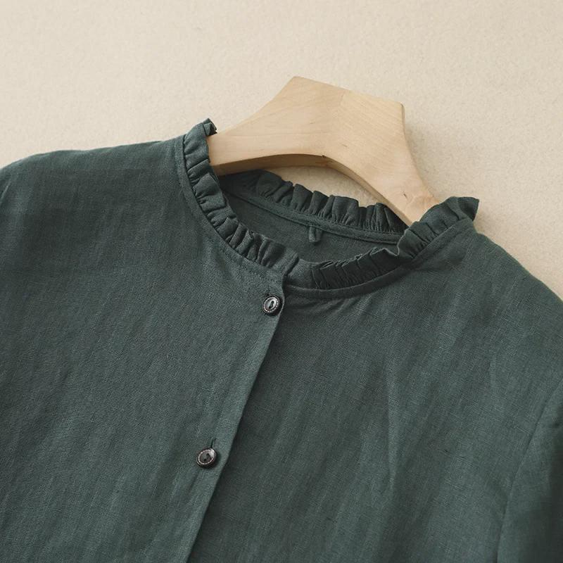 2025 г. Свободное платье-кардиган средней длины из стираного хлопка и льна с длинными рукавами и воротником-ушком из дерева