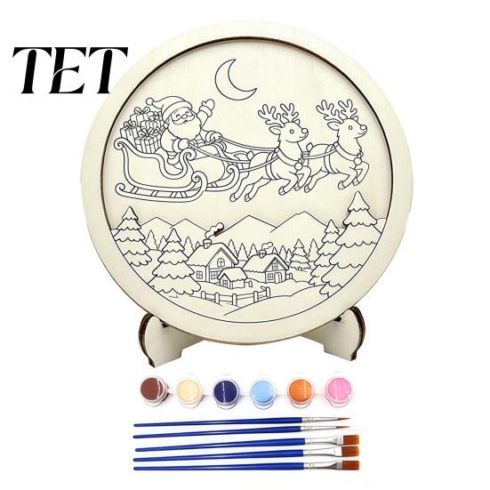 Wooden Christmas Table Decor Ornament DIY Coloring Kit, Kit with Stand, Paint Holiday Activities Strip And Brushes, Hand-Colored Decoration Craft for
