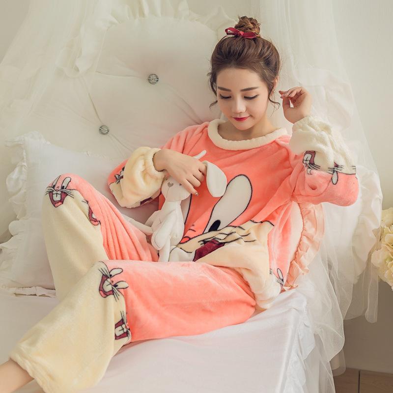 Women's Long-sleeved Flannel Pajamas Set Spring Autumn Cartoon Sleepwear Thickened Warm Printing Plush Cute Sleeping Suit Set
