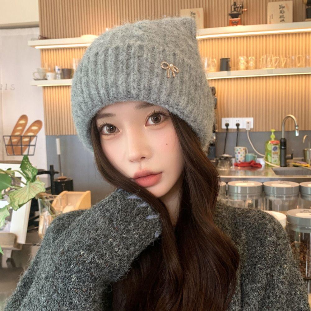 Japanese Style Woolen Knitted Hat Solid Color Women Beanie Hat Cat Ears Pullover Hat Girls