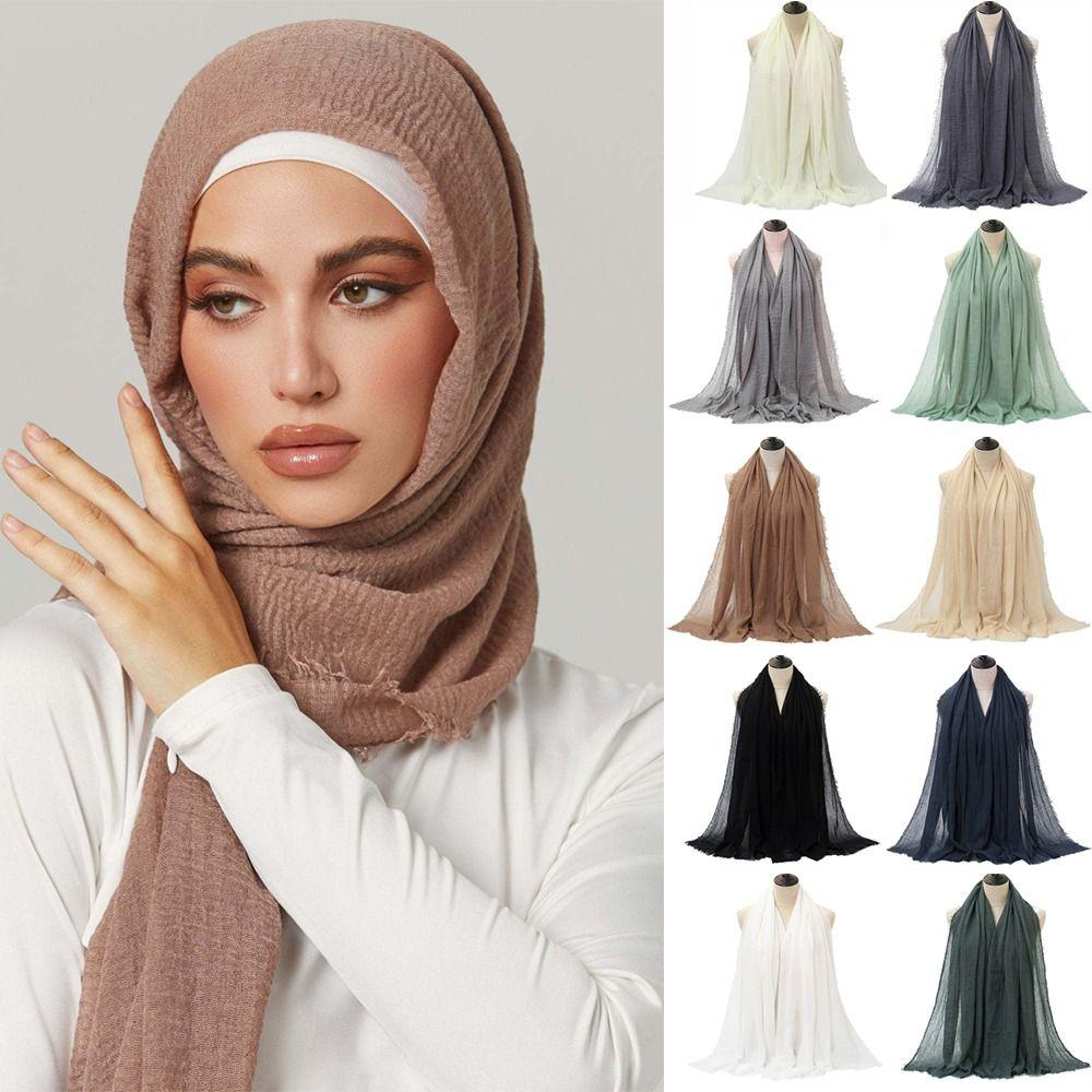 10 Colors Crinkle Hijab Scarf Cotton Linen Bubble Solid Turban Pleated Plain Hijab