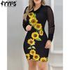 Women's Fashion Spring Fall Flower Pattern Print Long Sleeve V-Neck High Waist Casual Dresses