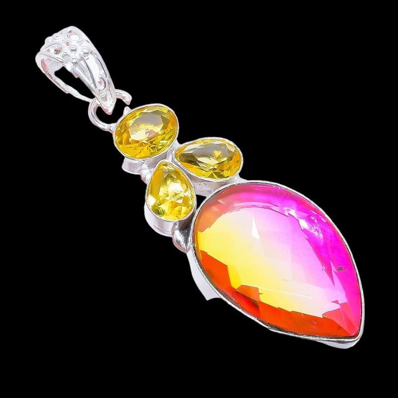 Bi-Color Tourmaline, Citrine 925 Sterling Silver Jewelry Pendant 2.5" AH-3302