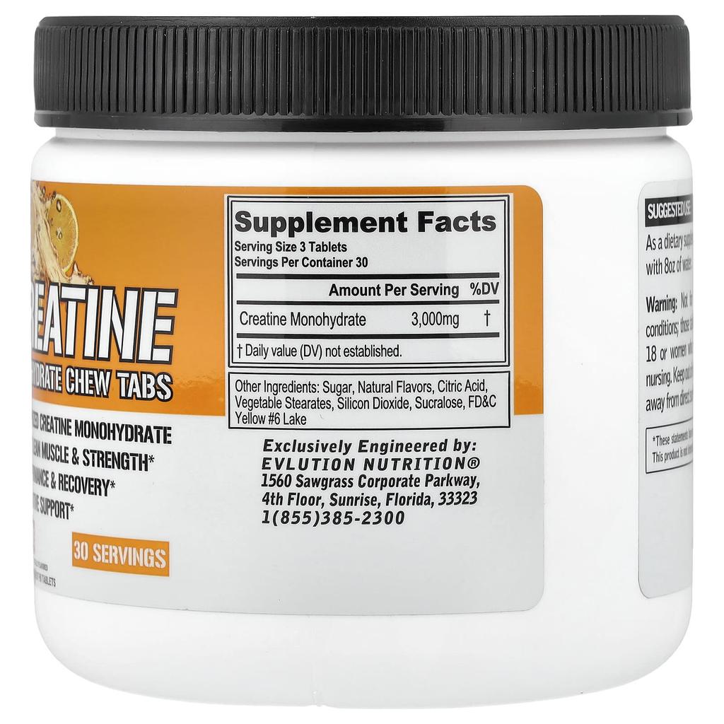 EVLution Nutrition Creatine Monohydrate Chewable Tablets, Orange, 90 Tablets