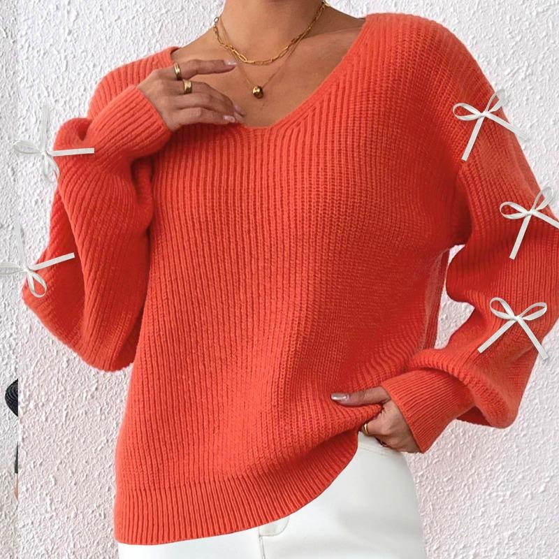Women's Autumn Winter Tops European American Women's Clothing Ribbon Bow Decoration Pullover Sweater