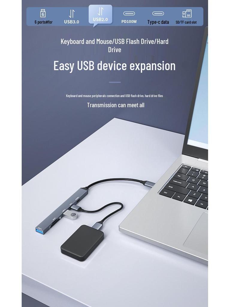 Док-станция расширения 6-в-1 Type-C: USB 3.0, Кардридер TF/SD, Хаб питания PD 100 Вт