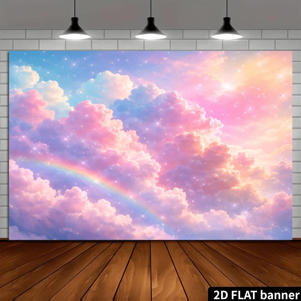 2D dreamy fairy tale background cloth pink purple cloud sea scene, rainbow, starlight embellishment and soft halo