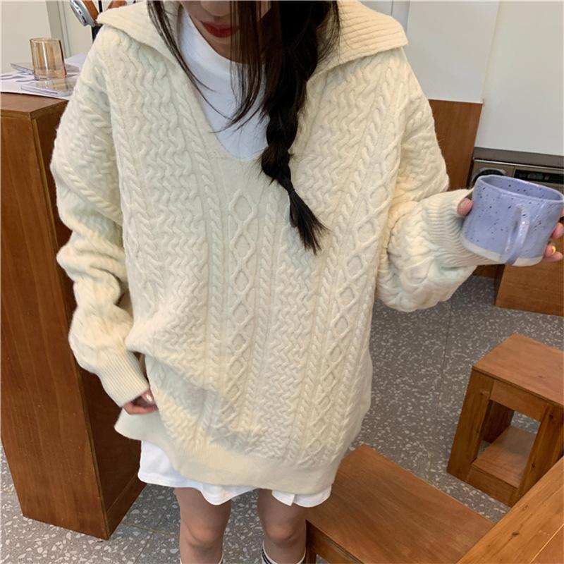 Свитер с V-образным вырезом средней длины с косами женский однотонный свободный женский вязаный свитер большого размера