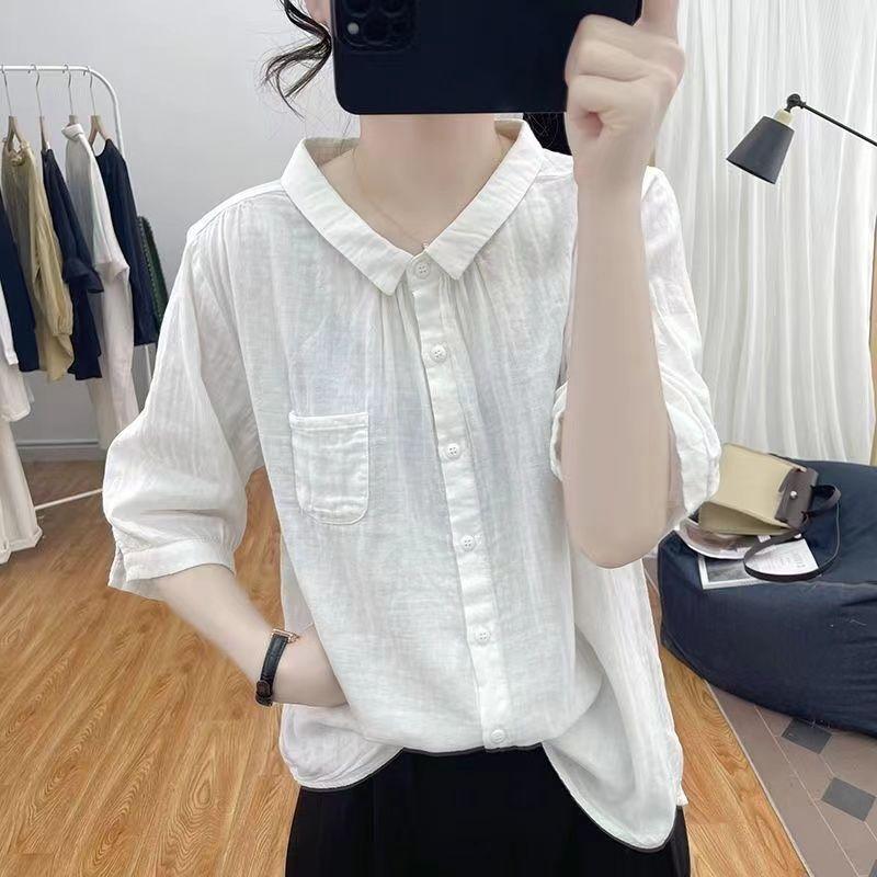 Summer Loose Three-quarter Sleeve Shirt Women's Casual Loose Solid Color Age-reducing Tops Retro Lapel Sunscreen Shirt