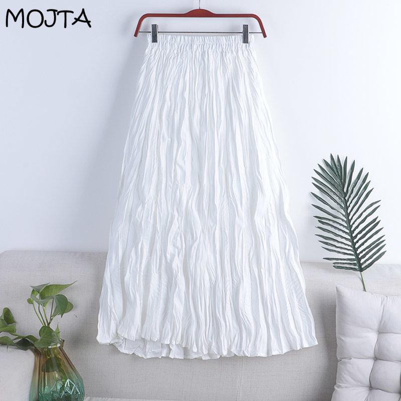 MOJTA Women's Mid-length Skirt Spring Summer Elastic High Pleated Waist Skirt A-line Skirt