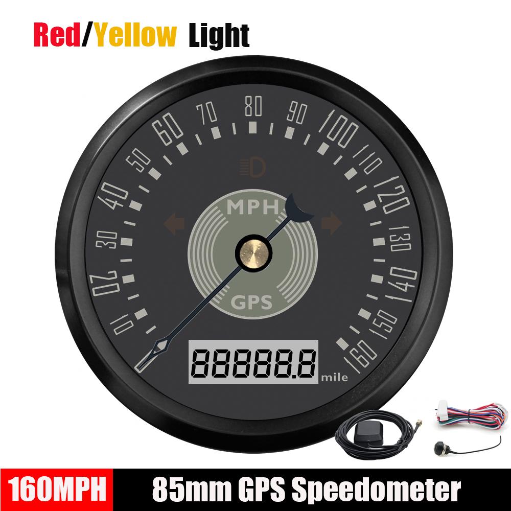 85mm Classical GPS Speedometer 160~220 Km/h 160~220MPH Odometer Adjustable with Red Yellow Light for Car Motorcycle Boat Custom