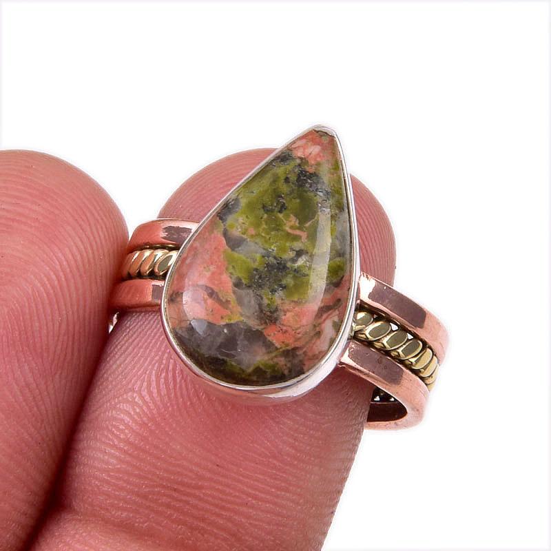 Кольцо из натурального унакита из цельного стерлингового серебра 925 пробы, двухцветное, размер 8.5 i9L23