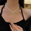 3 Pcs Set Bow Pendant Pearl Necklace Earrings Stud Set for Women Luxury Beaded Necklace Bridal Party Jewelry Set Gifts Korean