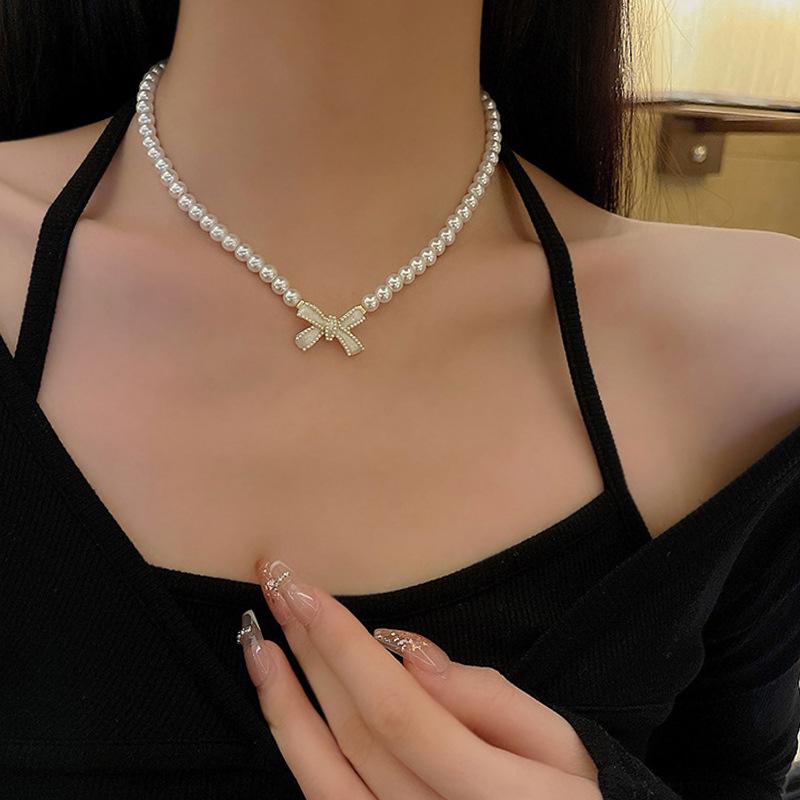 3 Pcs Set Bow Pendant Pearl Necklace Earrings Stud Set for Women Luxury Beaded Necklace Bridal Party Jewelry Set Gifts Korean