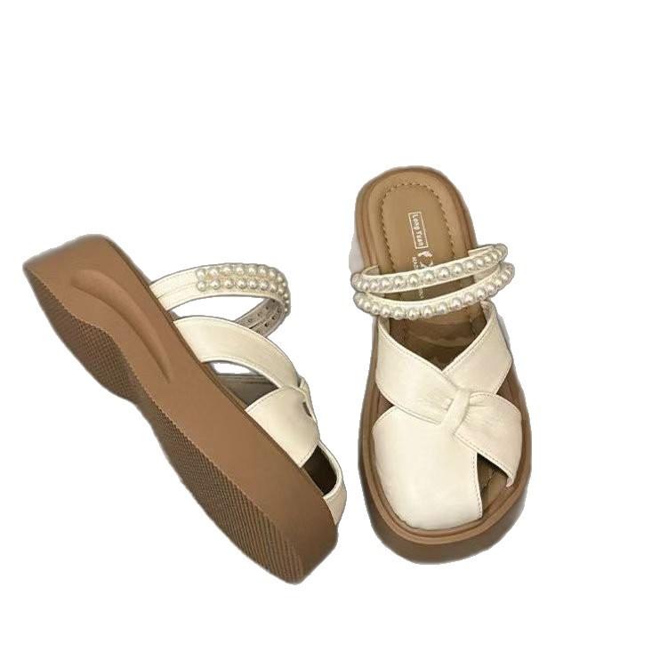 Baotou Slippers Women's 2025 New Summer Pearl Belt Thick Bottom Heightening Design Sense Hollow One Pedal Lazy Sandals