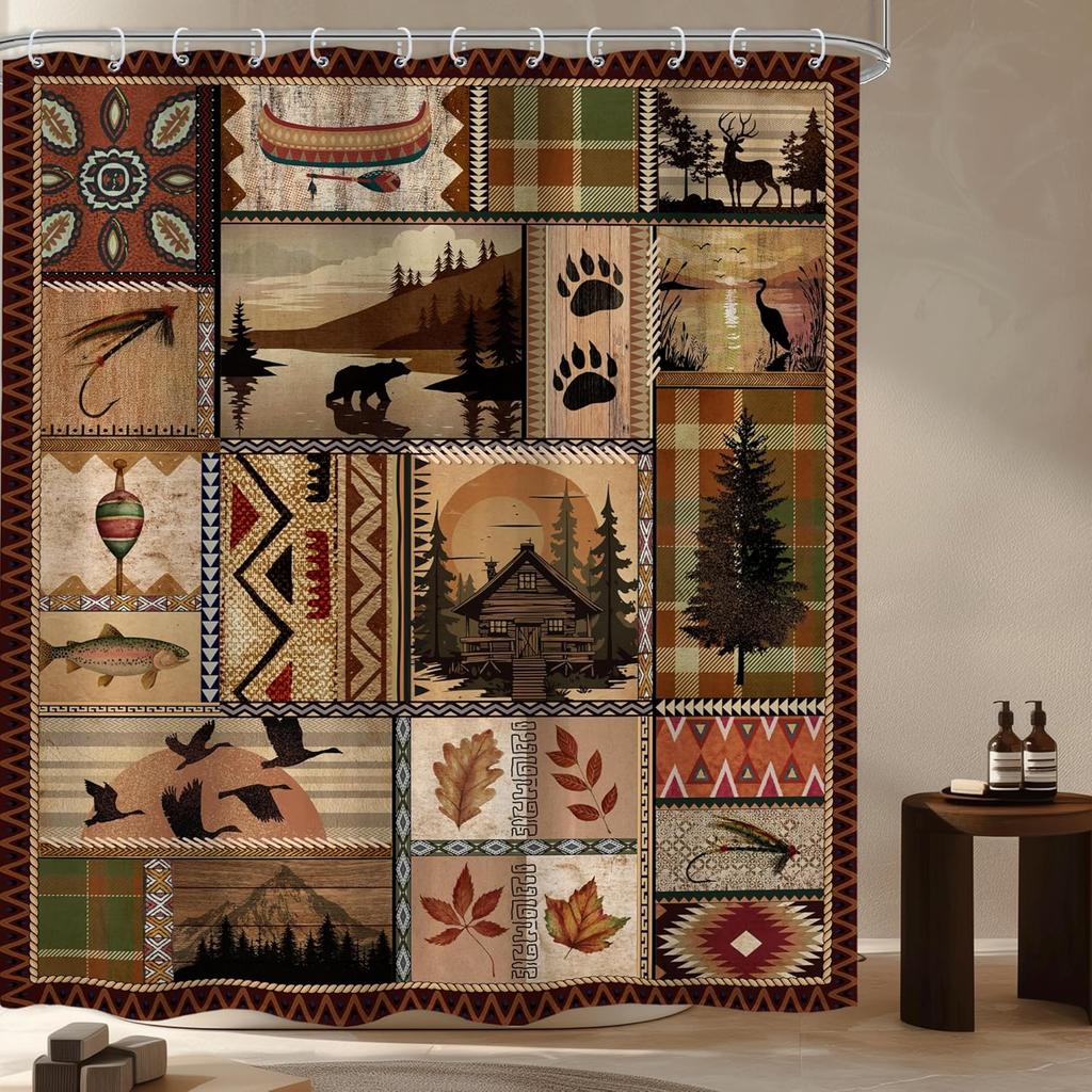 Деревенская шторка для душа «Медвежья хижина», дизайн «Западный лодж, горное животное», водонепроницаемый полиэстер с крючками