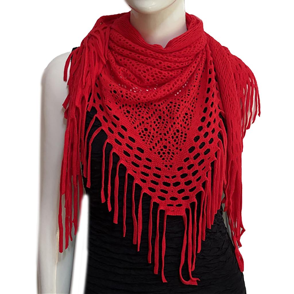 Women's Hollowed Knitted Triangular Scarf Imitation Cashmeres Soft Winter Shawl Wrap Neckerchief Blanket with Fringes