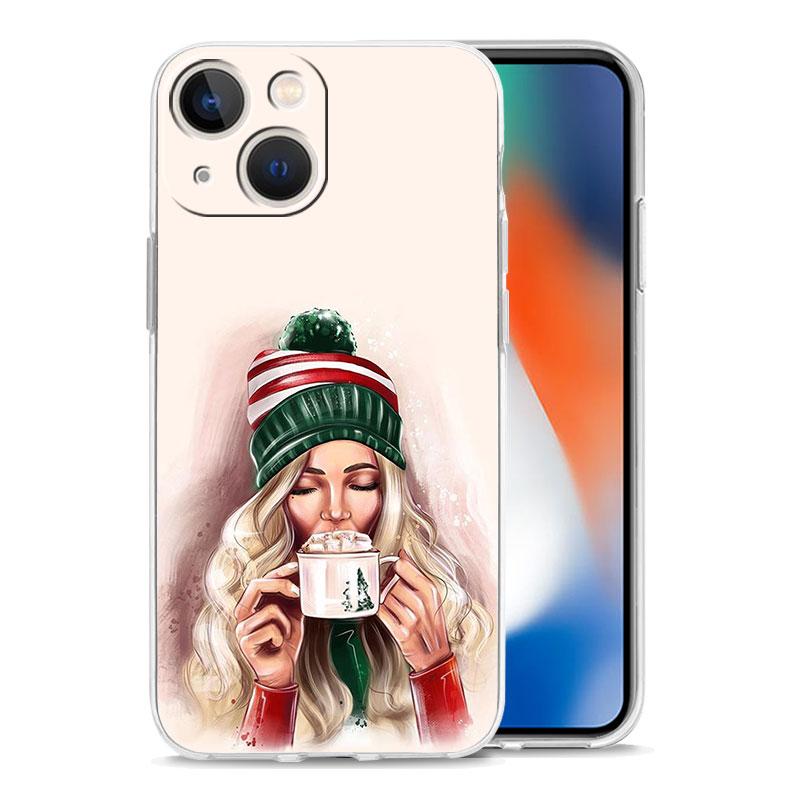 Christmas Art Girls Coffee Transparent Phone Case For iPhone 15 14 13 12 11 Pro Max XS X XR SE 7 8 Plus TPU Lens Protect Cover