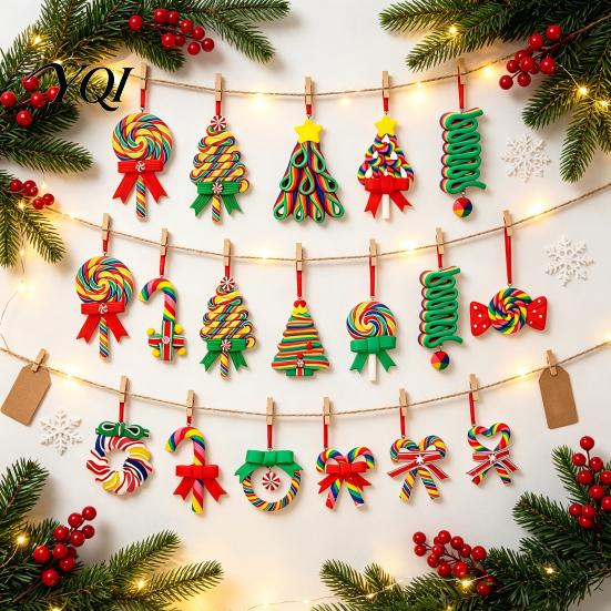 Wooden Christmas Tree Pendants 16 Pcs Lollipop Ornaments, Red Green Striped Peppermint Swirl Candy Cane Hanging Decorations Decoration, Colorful