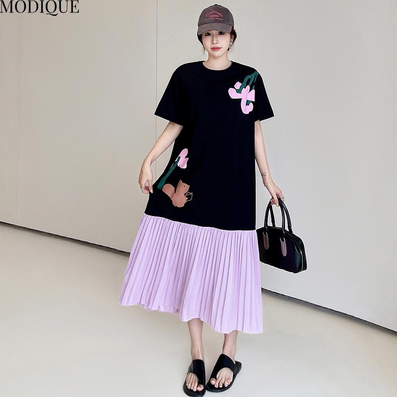 MODIQUE Summer Plus Size New Women Vintage Loose T-Shirt Floral Printing Pleated Patchwork Long Dresses Female Casual Short Sleeve O-Neck Dresses