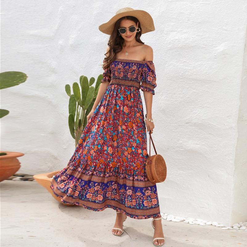 Bohemian Puff Sleeve Off Shoulder Midi Beach Vacation Dress For Women
