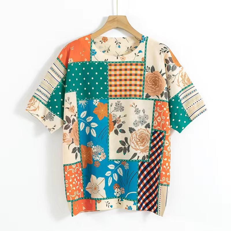 Вязаные топы с короткими рукавами Весенние трикотажные пуловеры с цветочным принтом Женская повседневная футболка с круглым вырезом