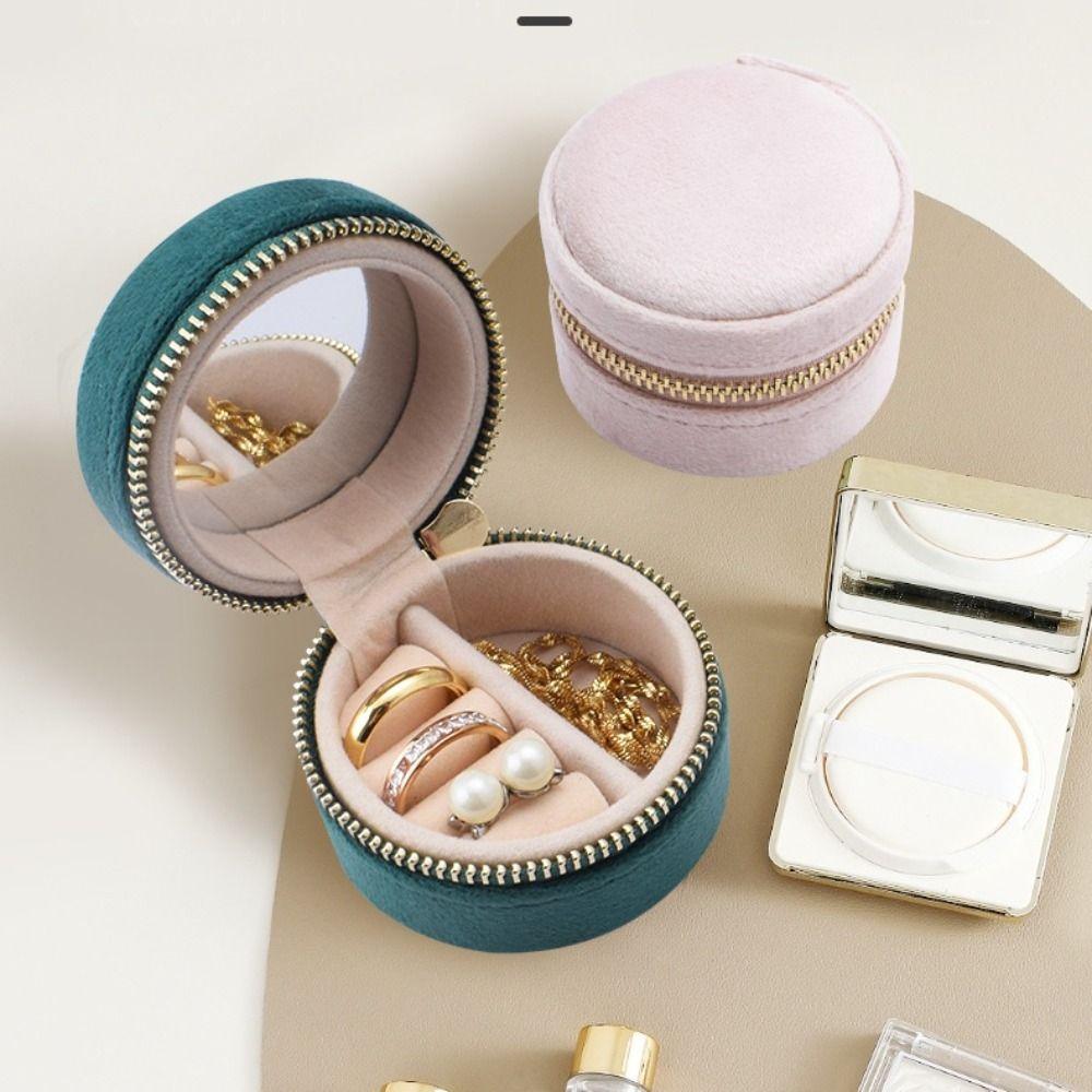 Round Shape Jewelry Case Dustproof Earrings Rings Bag Retro Velvet Jewelry Box Travel
