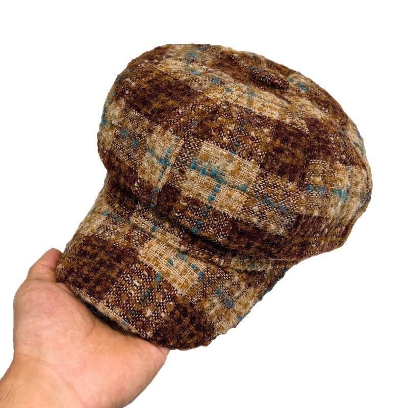 Hat fashionable retro octagonal hat beret small fragrant forward brown equestrian hat plaid autumn and winter girl temperament