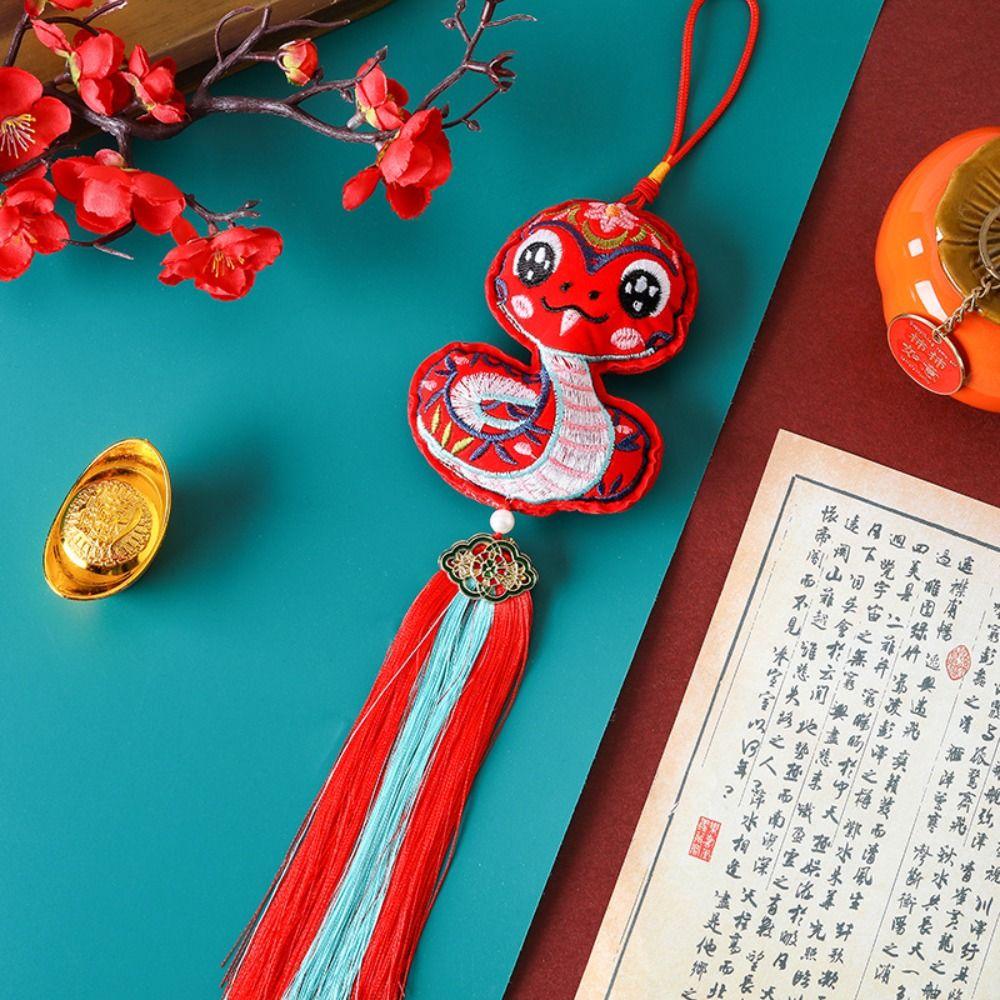 Traditional Embroidery Snake Wind Chimes Handmade Hanging New Year Pendants with Tassels Chinese Lucky Bag Pendants