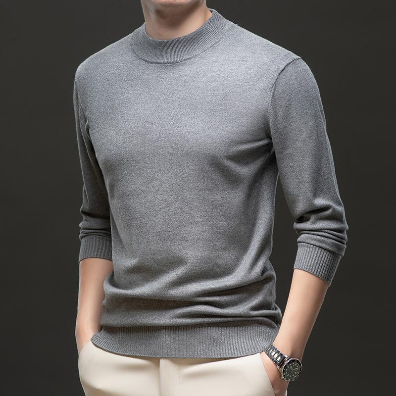 Autumn And Winter Men'S Slim Fit Solid Color Bottom Top Warm Sweater Knitted Sweater Semi-Turtleneck Pullover Men'S Clothing