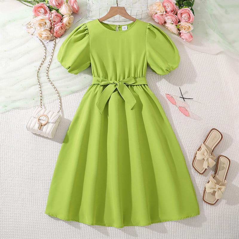 Платья для девочек 7-12 лет, летнее новое длинное платье, темпераментная талия, модная юбка-фонарик с широкими рукавами и широкими качелями