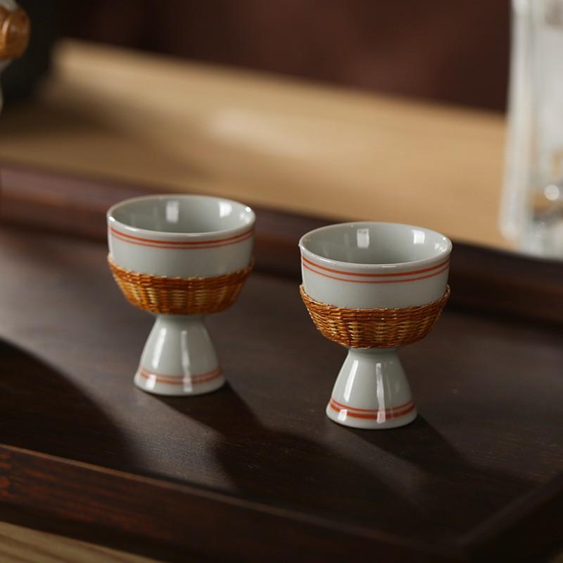 Chinese Bamboo-Woven Ceramic Sake Set With Traditional Pouring Pitcher Small Cups Home Use