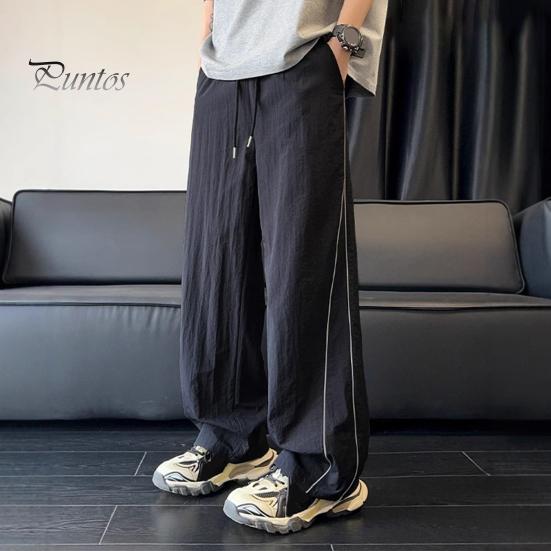 Men's Quick-Dry Baggy Trousers Drawstring Waist Loose Fit Pants Lightweight Casual Trousers with Side Lines Decoration for Street Vacation