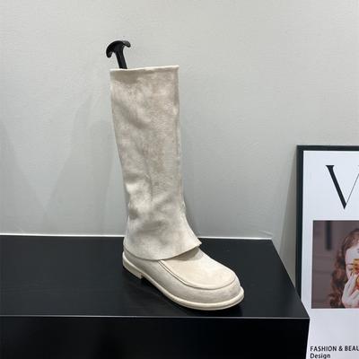 Хаки Брюки Труба Сапоги Рыцарские Сапоги Женские Сапоги 2025 Осень и Зима Винтажные Замшевые Узкие Сапоги Средние Сапоги