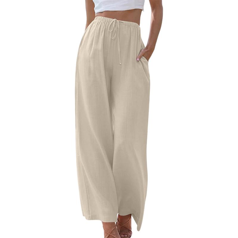 Женские элегантные хлопковые льняные однотонные свободные брюки с широкими штанинами на шнуровке Брюки с эластичной резинкой на талии