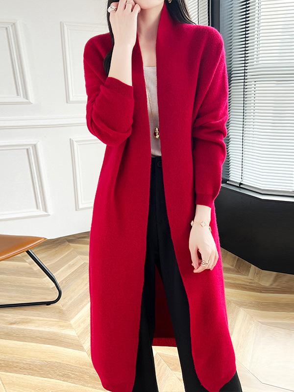 Women's Solid Color Wool Knit Cardigan - Buttonless, Long Sleeve, Casual Fit