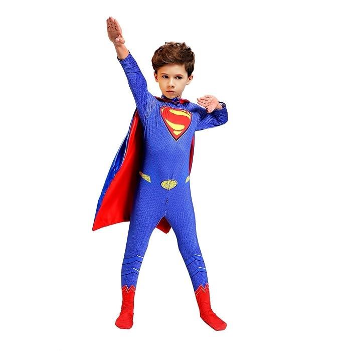 Kids Superman Costume with Cape 3D Lycra Premium Red Blue 140cm 6-7 Years